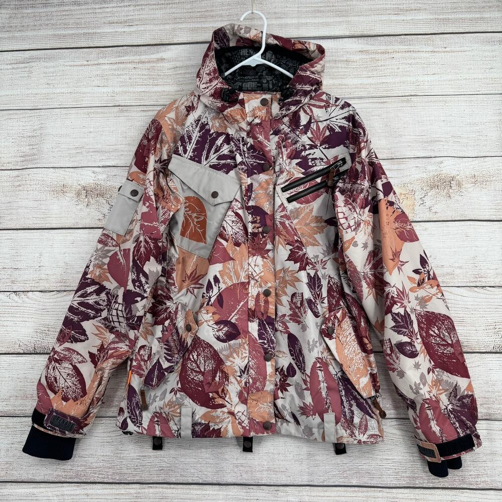 Grenade Floral Snowboard Ski Jacket Womens Medium Beige‎ Purple Pink